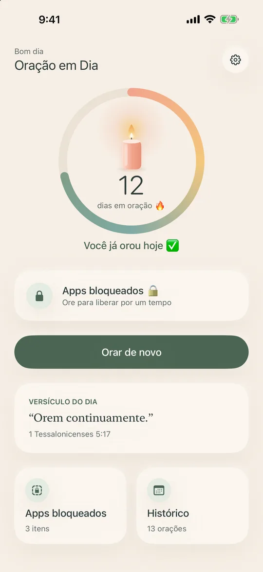 Tela inicial do app com a vela e os apps bloqueados