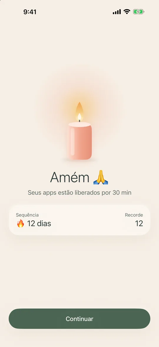 Tela de confirmação com a vela acesa e os apps liberados